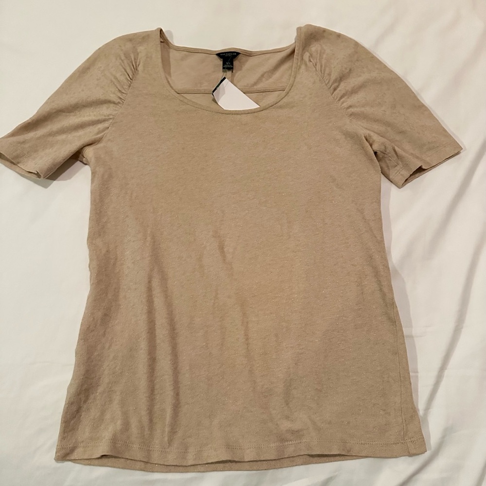 Ann Taylor, size XS, tan with gold fleck short ruched sleeve top
